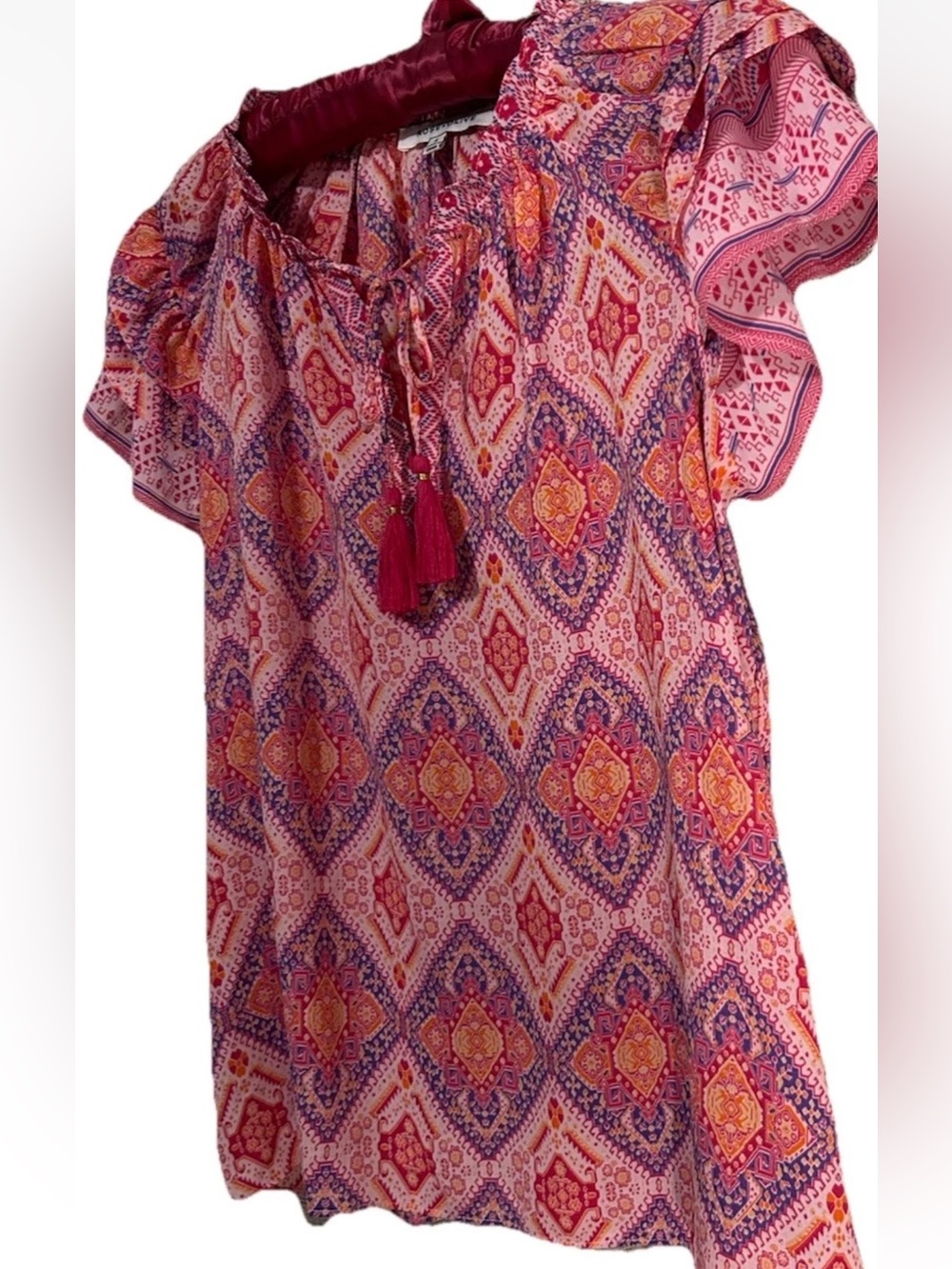 Rose + Olive Top S Silky Pink Artsy Tassel Tie Boho Popover Peasant Shirt Blouse